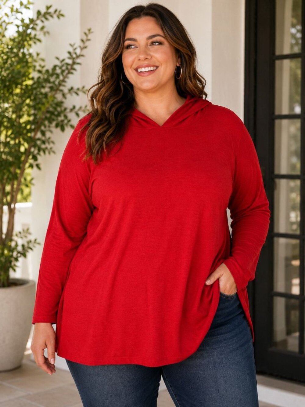 Lane Bryant Women’s 18/20 Red Hooded Long Sleeve Top Lightweight Casual Pullover